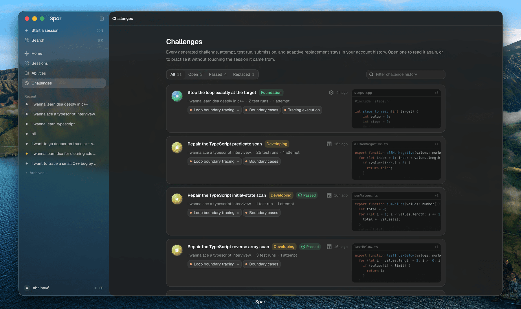 The challenges page: every generated challenge with its status, session, concepts, test-run counts and a preview of the file.