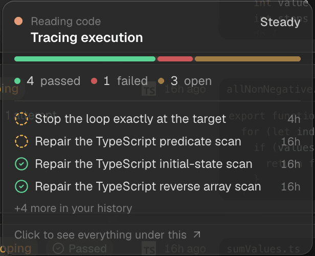 A hover card over a concept tag showing a Steady verdict with four passed, one failed and three open.